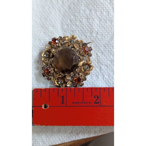Vintage Brooch Smoky Glass Center & Rhinestones Floral Design 2" Austria - Picture 4 of 8